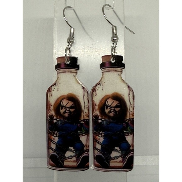 Halloween Themed Chucky In A Bottle Dangle Earrings - Picture 1 of 3